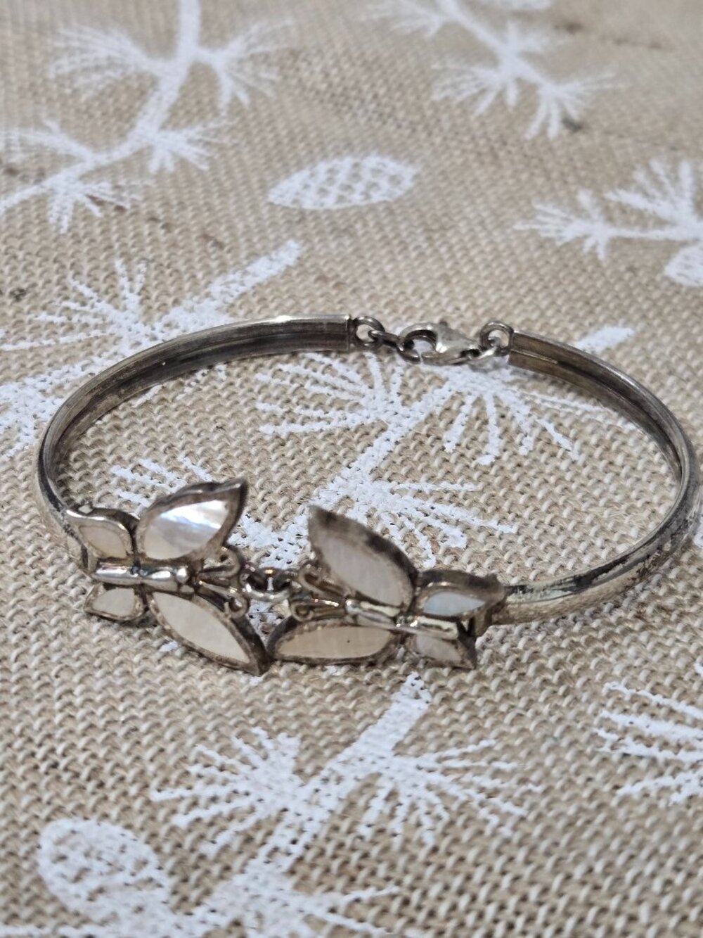 Vintage 925 Sterling Silver Mother of Pearl Butterfly Bangle Bracelet